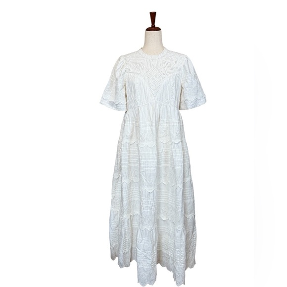 Anthropologie Forever That Girl Tiered Puff Sleeve Eyelet Midi Dress Large #1969 - Picture 2 of 7